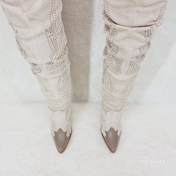 Iconic Western Thigh high Cowgirl Boots Cream - Picture 8 of 12